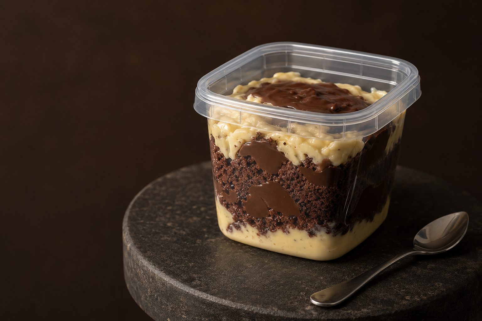 Pote fechado de massa de chocolate sobre bancada de pedra escura, com colher ao lado.
