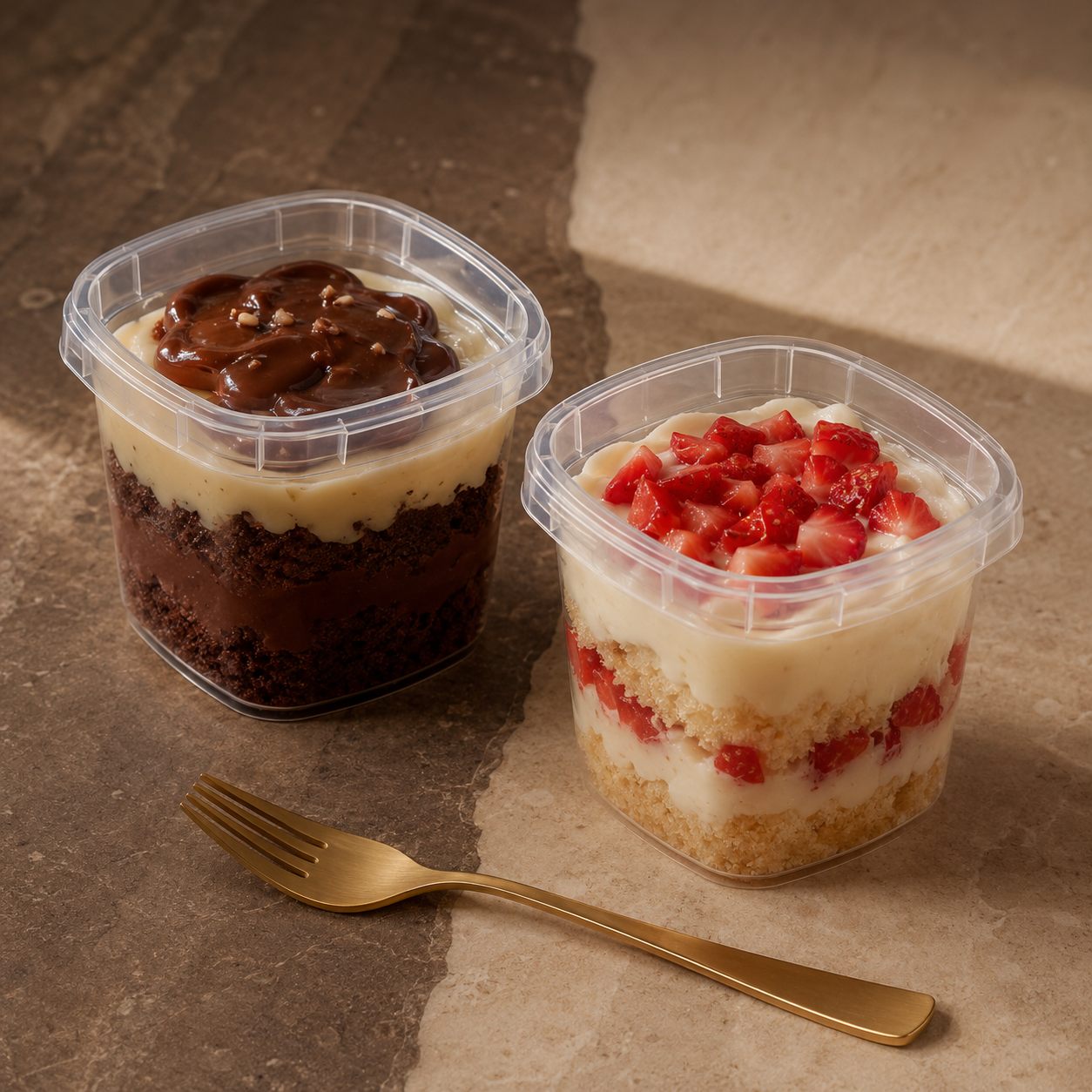 Dois potes lado a lado sobre pedra clara — um de massa escura, outro de creme com morango — com um garfo dourado à frente.