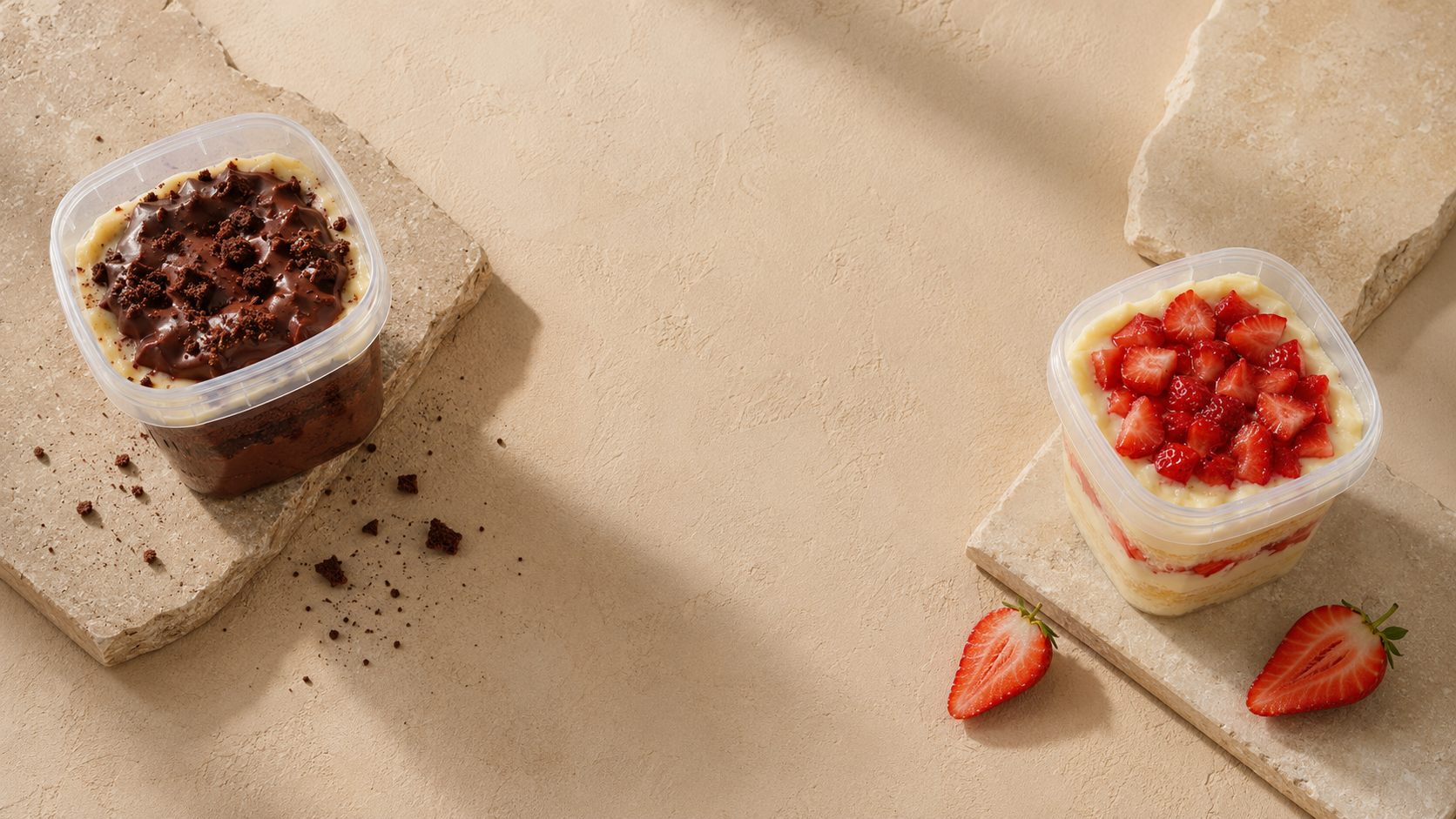 Os dois potes em cantos opostos de uma bancada de pedra clara: o de massa de chocolate à esquerda, o de creme com morango à direita.