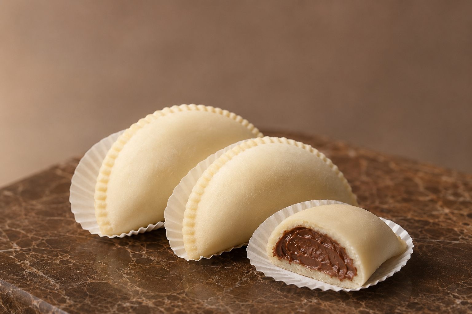Três pasteizinhos de massa clara em forminhas de papel; o da frente, cortado, mostra o recheio cremoso.
