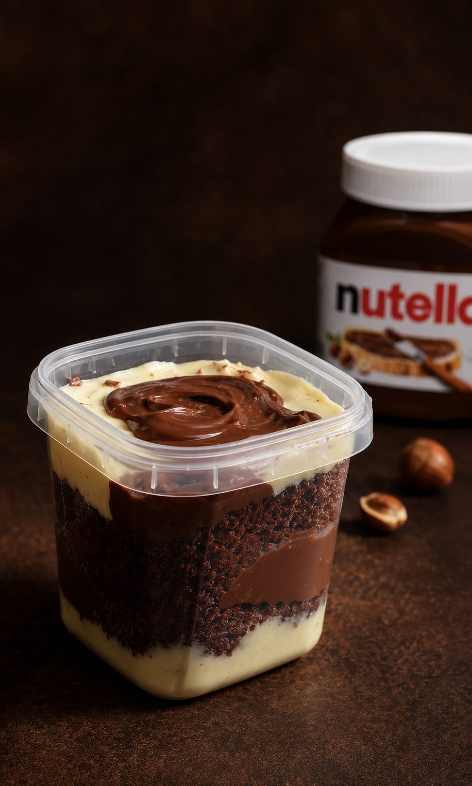 Pote aberto com redemoinho de Nutella na cobertura e pote de Nutella ao fundo, com avelãs na bancada.