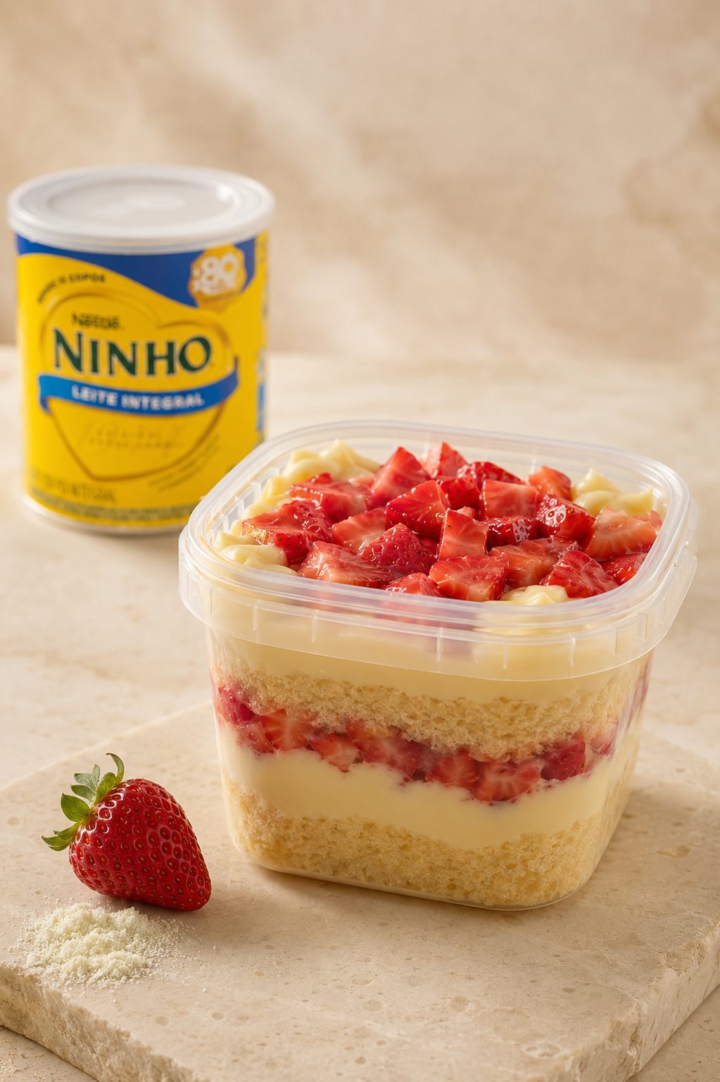 Pote de creme de Ninho coberto de morangos picados, com lata de leite Ninho e morango fresco ao lado.